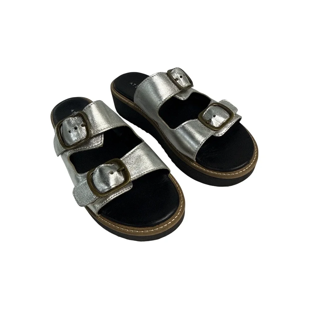 NWOT Ateliers Silver Metallic Double Buckle Platform Slide Sandal EU 37 US 6.5